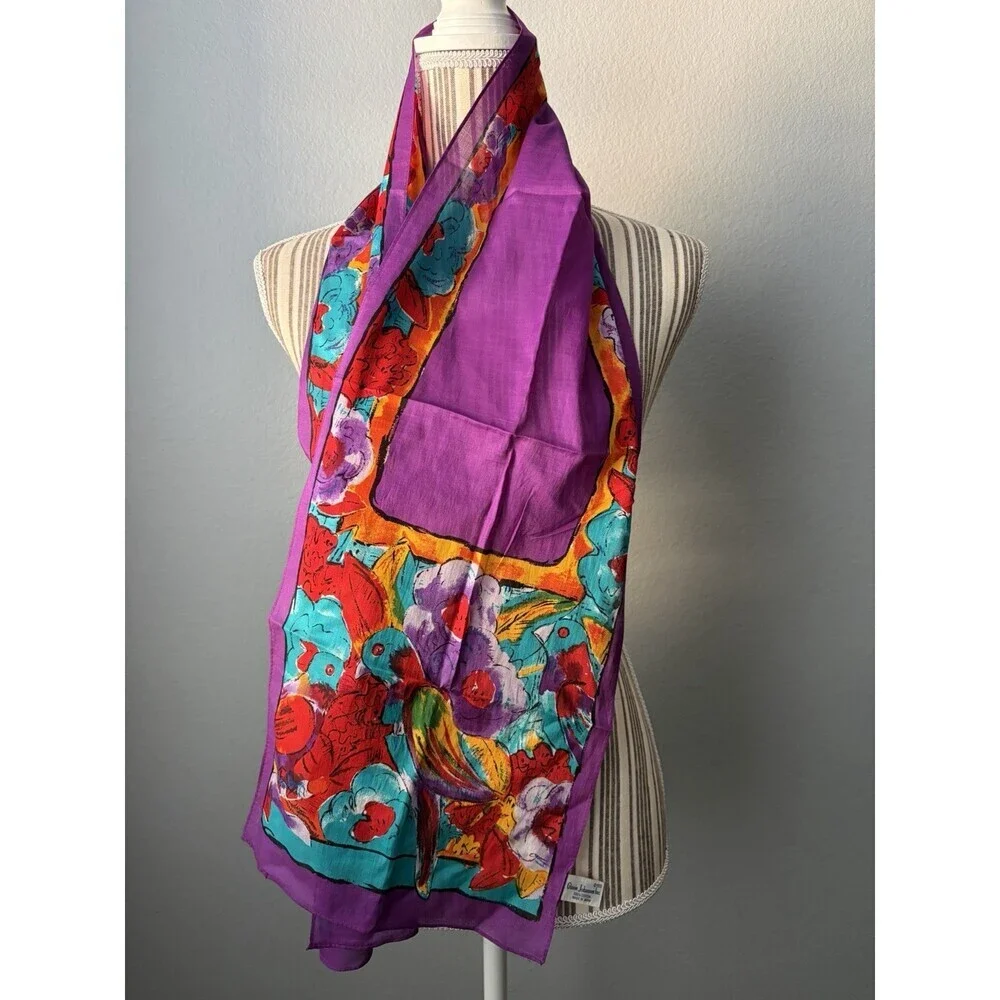 Ginnie Johansen 1989 100% Cotton Art Scarf Purple Red Yellow (Japan) 10.5
